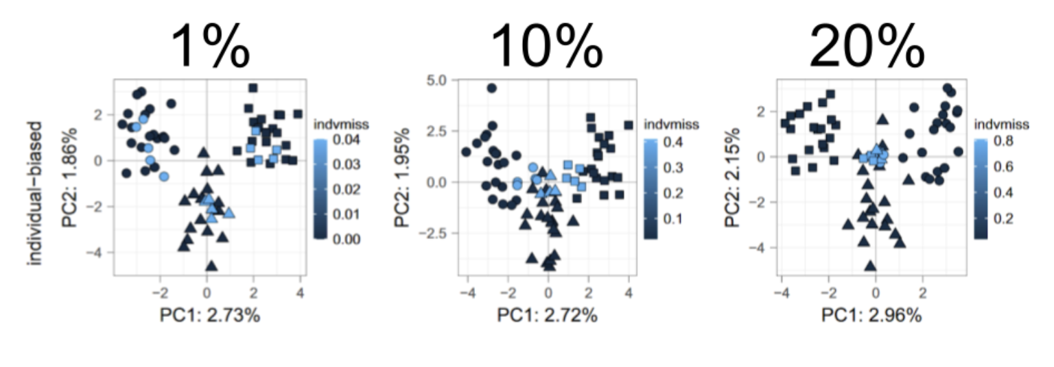 Figure 9. Figure 2(b) from @Yi2022-bi shows PCA on the individual-biased missing data (1%, 10% or 20%) introduced to a simulated population experiencing an isolation-by-distance cline, where one population (represented as triangles) is an admixture of the remaining two (circle and squares). Individual colors represent their amounts of missing data with relatively higher missingness shown in lighter blue in each plot (legend, notice changing scale from left to right). As the % of missing data increases, the samples with the most missing data become centered at the PCA origin.